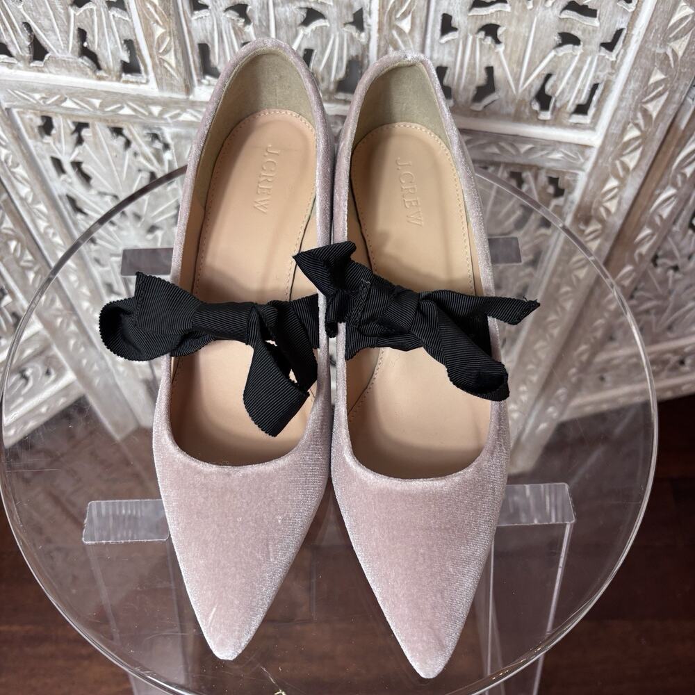 New J Crew Avery Vintage Quartz Pink Velvet Black Ribbon Bow Tie Heels Pumps 8